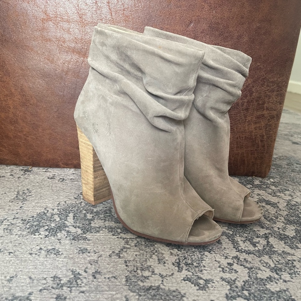 Elegant Taupe Peep-Toe Heeled Boots